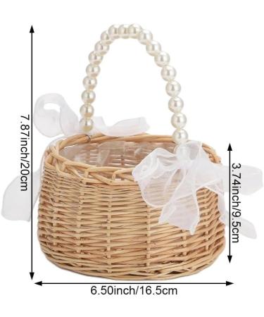 Wicker Rattan Flower Girl Basket with Pearl Handle and Bow Hand Woven Wicker Basket Candy Basket with Ribbon for Wedding - Buy Online on GoSupps.com