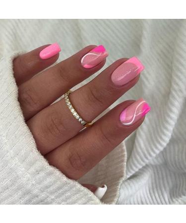 Summer Nails Short French Press on Nails With Design KXAMELIE Hot Pink Square Shape Colorful Swirls French Tips Fake Nails Glossy Gel Nails Press on Full Cover Reusable Glue on Nails for Women Girls in 24 PCS hot pink fr... - Buy Online on GoSupps.com