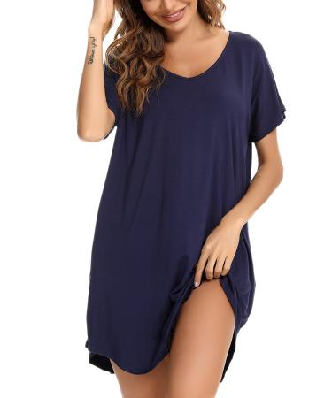 Aseniza Women's Nightdresses Nightshirt Nightgown Nightwear Loungewear V Neck Casual Loose Short Sleeve Oversized Sleepwear Style A-navy Blue XXL