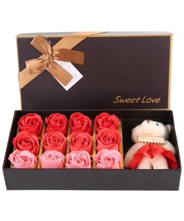 Gift Box Soft Durable 12 Rose Flower Soap Flower Plush Bear Valentine's Day Romantic Gift with Box 23.5 12 5cm(Red)