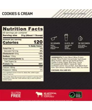 ON Gold Standard 100% Whey Protein - 24 Grams of Protein Per Scoop 5.5 Grams of Naturally Occurring BCAA 68 Servings Per Container 5LBS (Cookies & Cream) 2.11 kg (Pack of 1) Cookies & Cream 2.11 kg (Pack of 1) - Buy Online on GoSupps.com