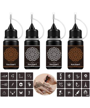 Kevinart Temporary Tattoo Kit, Semi Permanent Tattoo Jagua Freehand Gel/Ink with 24 Free Stencils, DIY Tattoos Fake Freckles, Full Accessories 4 Bottles 2 Oz (2Brown 2Black)