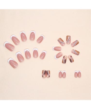 24Pcs Square Press On False Nails - Pink & Golden Leaves Design - DIY Removable Fake Nails for Women and Girls - Buy Online on GoSupps.com