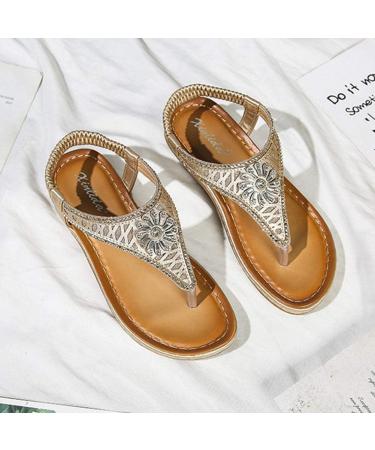 Women's Rhinestone Flower Sandals - Flat Strappy Beach Flip-Flops for Summer | Boho Casual Ankle Strap Footwear Non-Slip & Outdoor Hiking Shoes - Size 35 EU - Buy Online on GoSupps.com