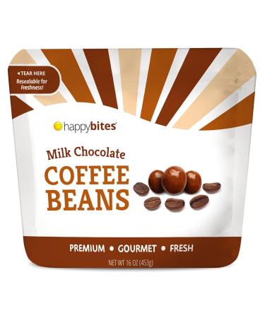 Happy Bites Milk Chocolate Covered Espresso Coffee Beans (16 oz) - Premium Chocolate - Resealable Pouch Bag Chocolate 1 Pound (Pack of 1)