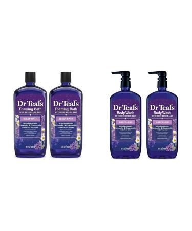 Dr Teal's Foaming Bath & Body Wash Bundle with Epsom Salt Melatonin Lavender & Chamomile (2 x 34 fl oz 2 x 24 fl oz) Bottle + Body Wash 24 oz 2 Count