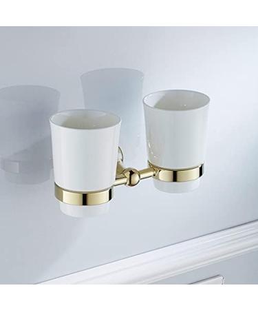Double toothbrush holder for bathrooms wall-mounted ceramic cup holder with matt ceramic cup toothpaste-razor organizer bathroom storage brushed gold brass Colle
