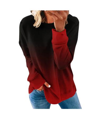 Ganfancp Women's Crewneck Sweatshirt Winter Lightweight Long Sleeve Pullover Tops Casual Gradient Print Comfy Loose Blouse Wine Women Tops 37 Large