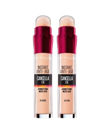 2x Maybelline New Yorkage erasing Liquid Concealer in the colors 03 Fair and 02 nude with Goji berries and haloxyl covers dark circles and small wrinkles from 1 piece (2-pack) Color 03 Fair + 02 Nude