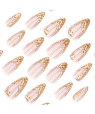 24Pcs Medium Almond Press on Nails | French Tip 3D Gold Full Cover Acrylic | Reusable Glossy Fake Nails for Women | Easy Glue-On Nail Tips - Buy Online on GoSupps.com