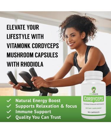 VitaMonk Cordyceps Mushroom Capsules with Rhodiola 2 Grams of Cordyceps Mushroom Enhanced with Rhodiola - Boost Energy Fight Stress Enhance Performance Non-GMO - 2000mg - 90 Caps - Buy Online on GoSupps.com