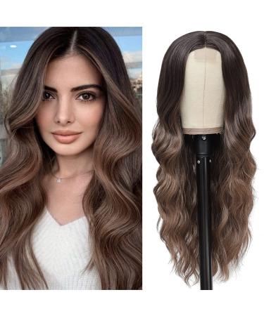 Long Wavy Dark Brown Wigs for Women 26 inch Ombre brunette Middle Part Wig Premium Protein Fiber Natural Looking Hair Replacement Wig for Daily Party Use Cosplay Costume Halloween Wig (26'' Ombre Brunette)