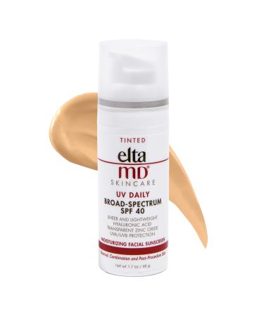 EltaMD UV Daily SPF 40 Tinted Sunscreen Moisturizer Face Lotion, Tinted Sunscreen with Hyaluronic Acid, Broad Spectrum Hydrating Sunscreen, Non Greasy, Sheer, Mineral-Based, 1.7 Ounce