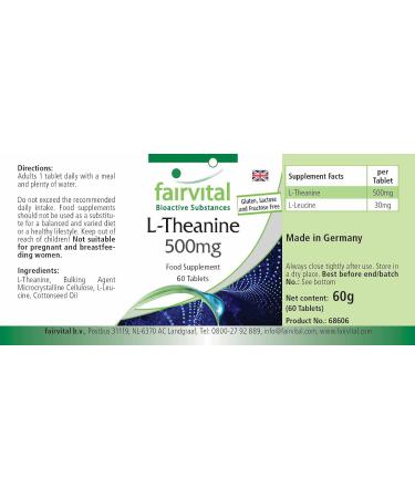 Fairvital L-Theanine 500mg Vegan Tablets - High Dosage - 90 Count - Amino Acid Supplement - Buy Online on GoSupps.com