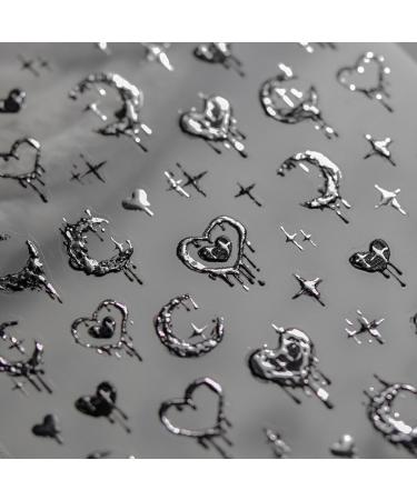Silver Melted Heart Moon Stars 5D Acrylic Nail Art Stickers - Retro Design for Women | International Shipping Available - Buy Online on GoSupps.com