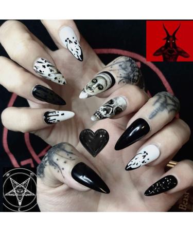 BABALAL 24Pcs Medium Stiletto Fake Nails Black Skull False Nails Punk Full Cover Artificial Press on Nails for Women and Girls 005-CRJ-H