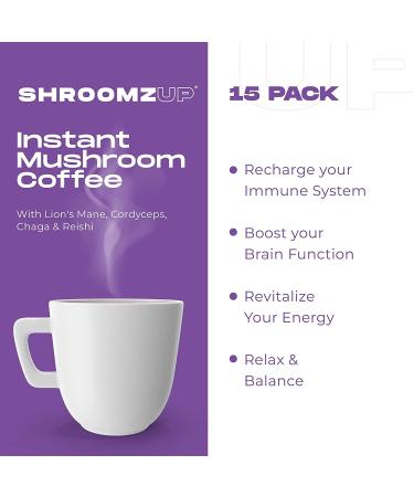 ShroomzUp Mushroom Coffee Instant - 15 Pack with Lions Mane, Reishi, Chaga & Cordyceps Mushrooms - Vegan Nootropic Coffee for Focus - Arabica & Robusta Blend - Buy Online on GoSupps.com
