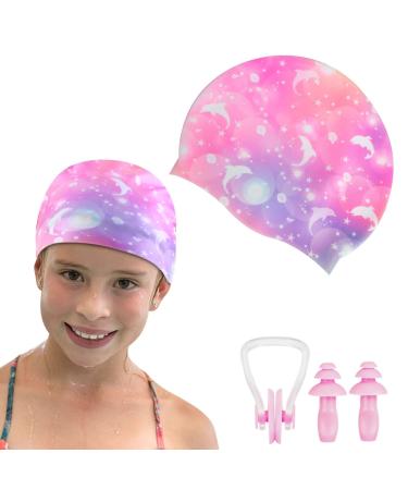 Yanc bathing cap for girls with ear protection waterproof bathers with nasal clipping earplugs swimming swimming hood swimming cap swimming cap for long and short hair dolphins