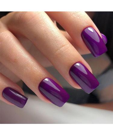 Purple Press on Nails Short Square Fake Nails Press ons False Nails with Designs Solid Colour Acrylic Nails Glossy Full Cover Glue on Nails Cute Artificial Stick on Nails for Women Manicure 24pcs style5