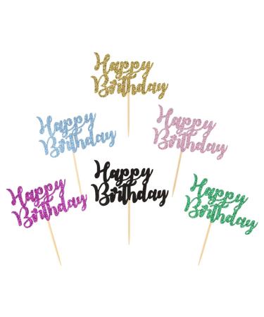 Donoter 24 Pcs Happy Birthday Cupcake Toppers Cake Picks for Birthday Party Decoration Supplies 6 Colors Multicolor