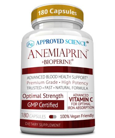 Approved Science Anemiaprin - Absorbable Iron, Vitamin C - Gentle On Stomach - 180 Capsules - 3 Month Supply - Non-GMO, Vegan 180 Count (Pack of 1)