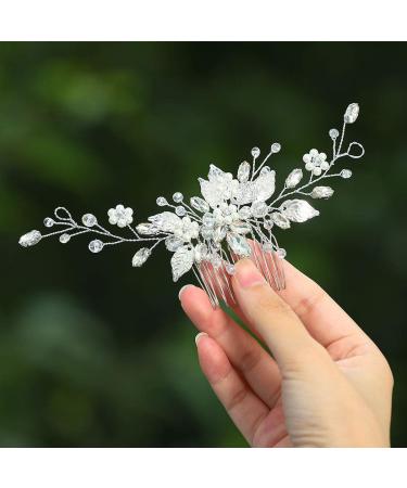 Gorais Leaf Bride Wedding Hair Comb Pearl Bridal Hair Piece Crystal Side Comb Hair Accessories for Women and Girls (A-Silver)