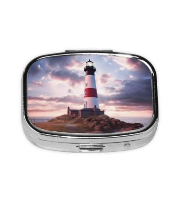Beauty Lighthouse Printing 2 Compartment Small Pill Case Cute Small Pill Box Purse Pill Boxs Travel Pill Organizer for Pocket Purse and Travel Gifts