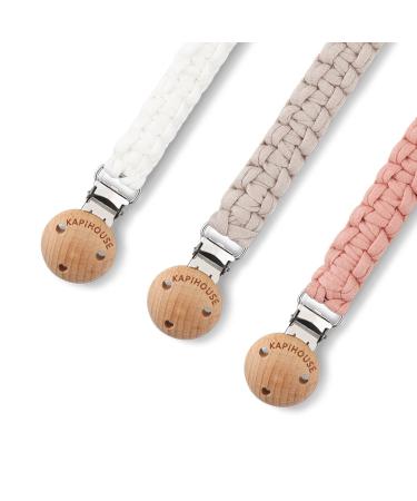 Kapihouse 9.2 Inch Pacifier Clip for Girls - Set of 3 Wooden Clips with Handmade Braided Cotton - Ideal for Baby Showers, Birthdays, Christmas - White Beige Pink - Buy Online on GoSupps.com