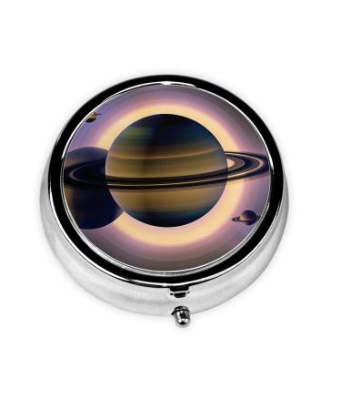 Beautiful Saturn Portable Metal Pill Box Round Mini 3-Compartment Plastic Insert hinged Fastening Design Suitable for Small Pills Must-Have for Travel