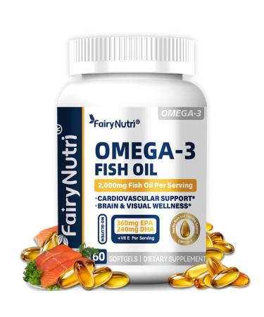 Omega-3 Fish Oil - 2000mg Per Serving 360mg EPA 240mg DHA + Vitamin E NSF Certified 60 Softgels for Cardiovascular & Brain Support