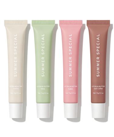 4 PCS Summer Special Lip Butter Balm Hydrating Nourishing Lip Care with Shea Butter & Olive Oil Sheer Tinted Shine Instant Moisture & Soothing Dry Lips (Vanilla/Mint/Coffee/Cake)