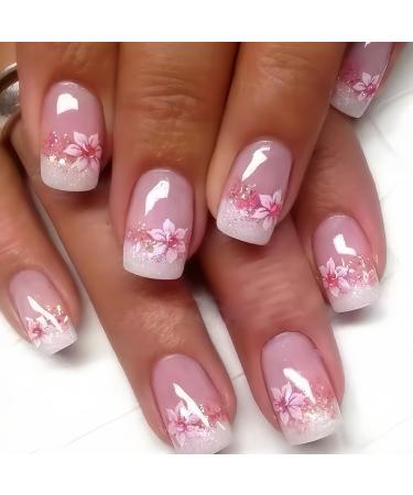 24Pcs French Tip Press on Nails Short Square Fake Nails Pink Flower Full Cover Tip Glue on Nails Design Nail Art Supplies Artificial Nude Pink False Nails Stick on Nails for Women Girls Acrylic Nails
