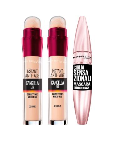 2x Maybelline New York Age-erasing Liquid Concealer with Gogli Berries Colors 02 Nude and 01 Light + 1x Volumizing Mascara Sensational Eyelashes Intense Black 1 piece (3 SPALL) Color 02 Nude + 01 Light + Intense Black Mascara