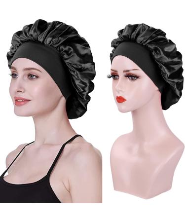 AliLeader 2Pcs Silk Hair Bonnet for Sleeping - Black+Pink Satin Cap for Curly Hair - Elastic Band Soft Hair Wrap for Women - Buy Online on GoSupps.com