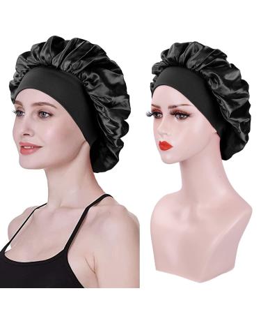 2PCS Silk Hair Bonnet for Sleeping - Black+Gold Silk Bonnet for Women | Wide Elastic Band Sleep Cap for Curly & Natural Hair - Buy Online on GoSupps.com