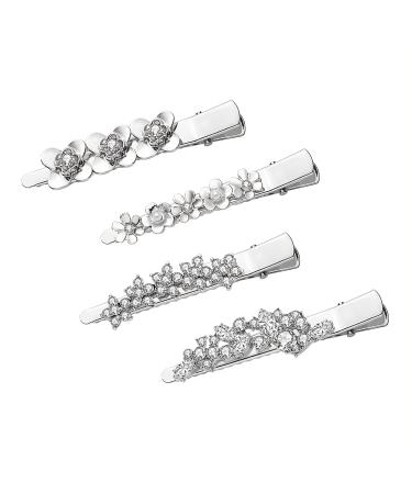 Rhinestone Alligator Hair Clips Duckbill Hairpins Flower Hair Barrettes for Women Hair Styling Tools Hair Accessories 4PCS (Silver)