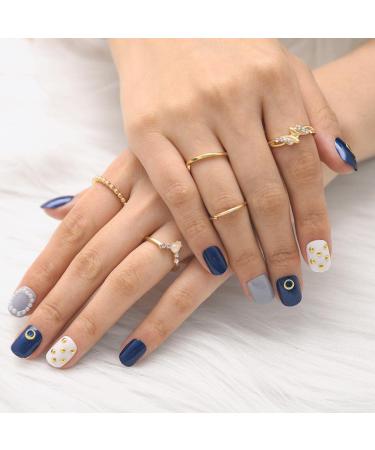 Bohend fashion short wrong nails blue pearl square fake nail heart shiny 24 pcs press nail for women and girls