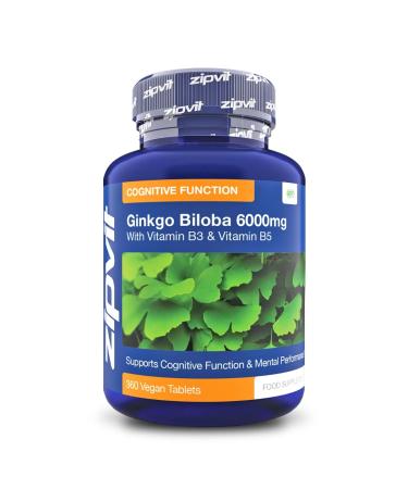 Ginkgo Biloba 6000mg Standardised Leaf Extract 360 Vegan Tablets with Vitamin B3 and B5. Supports Focus Mental Performance and Energy. Vegetarian Society Approved. 12 Months Supply.