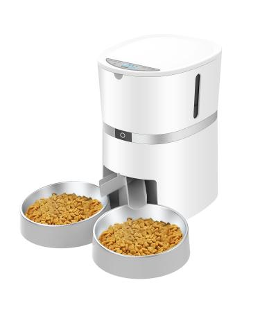 Automatic Cat Feeder, WellToBe Pet Feeder Food Dispenser for Cat & Small Dog with Two-Way Splitter and Double Bowls, up to 6 Meals with Portion Control, Voice Recorder - Battery and Plug-in Power White