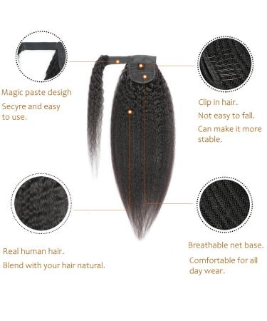 AIKAUR 14 Inch Kinky Straight Wrap Around Ponytail Human Hair Extensions - Natural Black Thick Long Hair Clip Ins with Magic Tape for Wavy Yaki Look - Buy Online on GoSupps.com