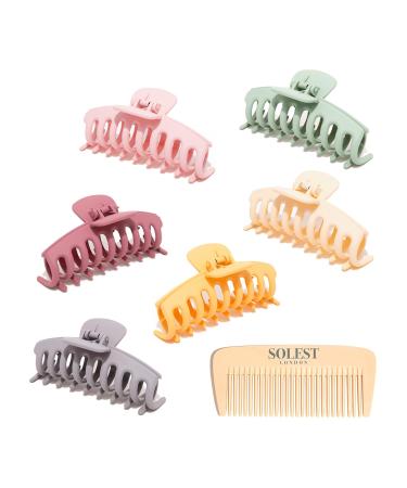 Solest London Hair Claw Clips - Pack of 6 Claw Clip for Women and Girls - 6 Trendy Coloured Claw Clip - 4.3 inch - Hair Claw Clips for all Hair with a hair comb gift (Pastel Matte)