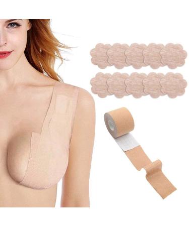 Boob Tape and 10 Pcs Petal Backless Nipple Cover Set, Breathable Breast Lift Tape Boobytape for Breast Lift Athletic Tape with Breast Petals Disposable Adhesive Bra for A-E Cup Large Breast