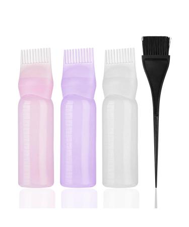 3pcs Hair Dye Bottle Root Comb Applicator Bottle Reusable Plastic Squeeze Bottle With Good Airtightness For Home Barber Shop Salon(White purple pink)
