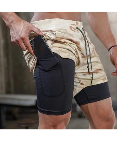 MONISE Men's 2-in-1 Running Shorts - Phone Pocket, Quick Dry, Breathable, Lightweight - Khaki, Medium | Ideal for Exercise, Jogging, Cycling - Buy Online on GoSupps.com