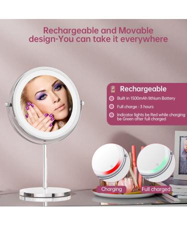 8 inch Rechargeable Lighted Makeup Mirror | 1X/10X Magnification | 3 Color LED Lights | 360 Rotation | Cordless and Brightness Adjustable - Buy Online on GoSupps.com