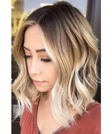 SYMEIW Short Curly Ombre Blonde Bob Hair Wigs For Women Synthetic Middle Part Wig With Brown Roots Party Costume Cosplay Wig (Ombre Blonde-9143) Ombre Blonde-9143 14 Inch