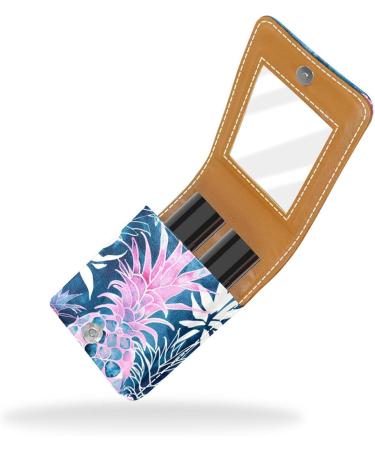 Stylish Leather Lipstick Case & Organizer with Mirror | Mini Lip Gloss Holder - Watercolor Fruit Pink Pineapple - Buy Online on GoSupps.com