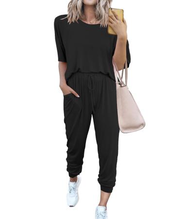PRETTYGARDEN Women's Two Piece Outfit Short Sleeve Pullover with Drawstring Long Pants Tracksuit Jogger Set A-black Medium