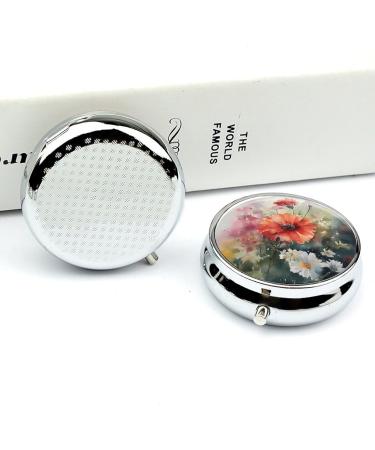 Round Pill Box Watercolor Print - 3 Compartment Portable Medicine Organizer | Decorative Metal Pocket Pill Case - Buy Online on GoSupps.com