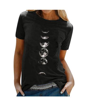 Women Tops T-Shirts Crescent Full Moon Change Printed Crew Neck Short Sleeve Pullover Tunics Blouse Tees Black Medium
